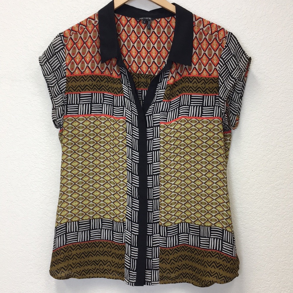 NIC + ZOE collared button down tribal print shirt